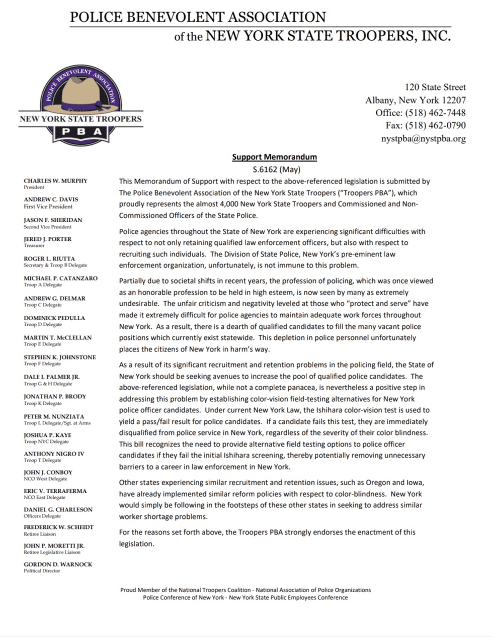 NYS Troopers PBA memo of support